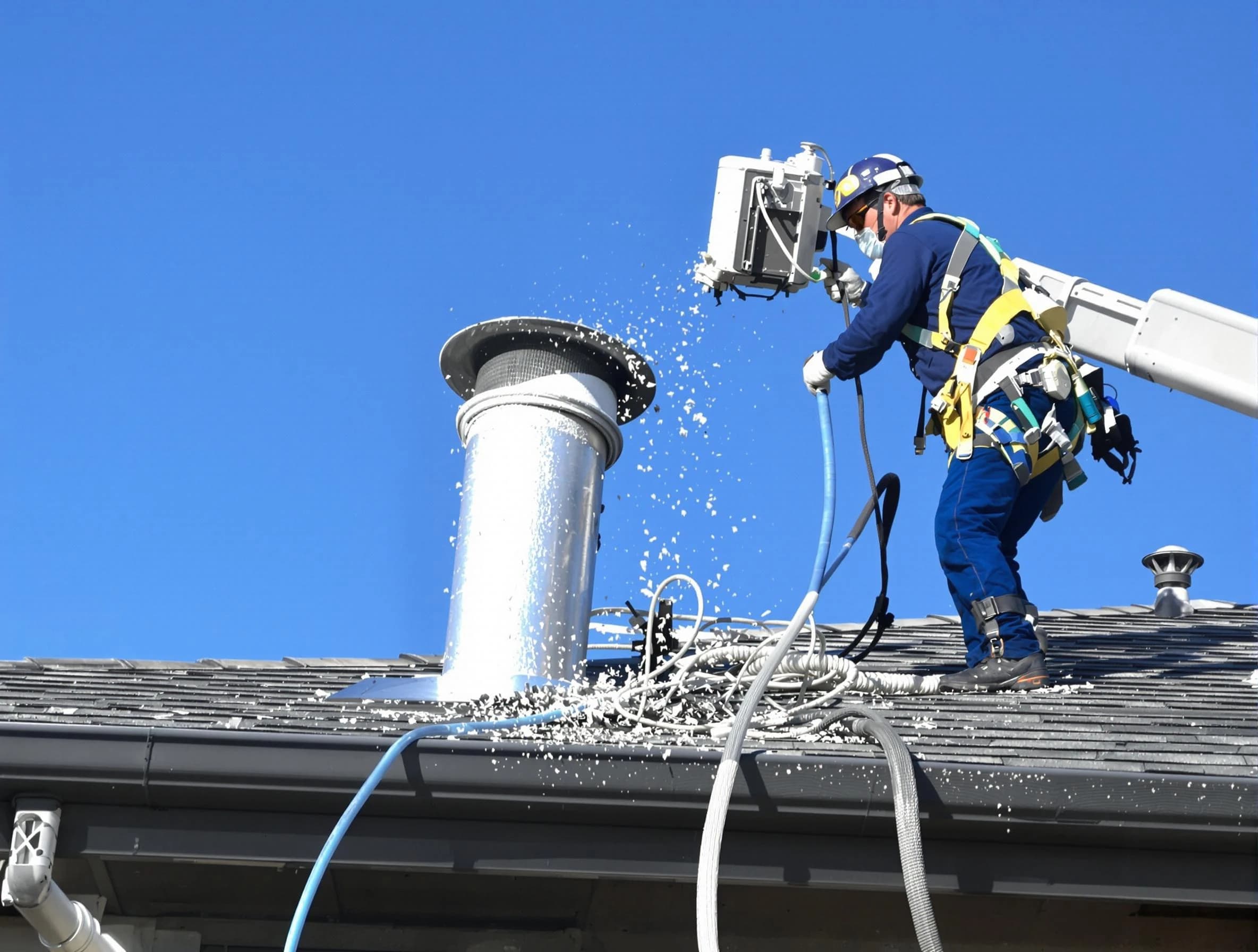 Cottonwood Heights Dryer Vent Cleaning certified technician safely cleaning a roof-mounted dryer vent in Cottonwood Heights