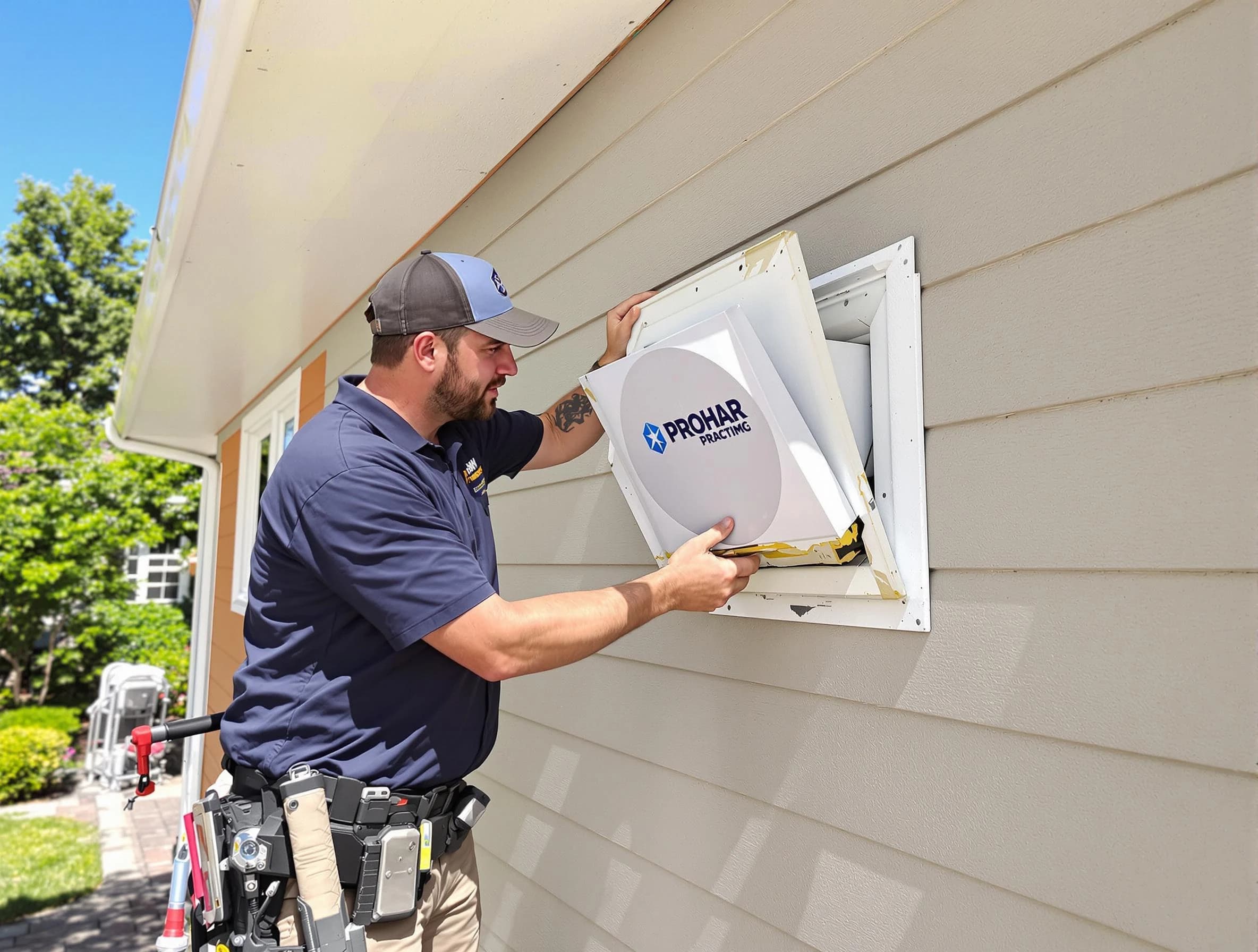 Cottonwood Heights Dryer Vent Cleaning technician installing a new protective dryer vent cover on a home in Cottonwood Heights
